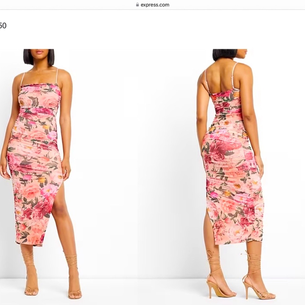 Express Body Contour Pink Floral Print ruched
Mesh Midi Dress XS NWT